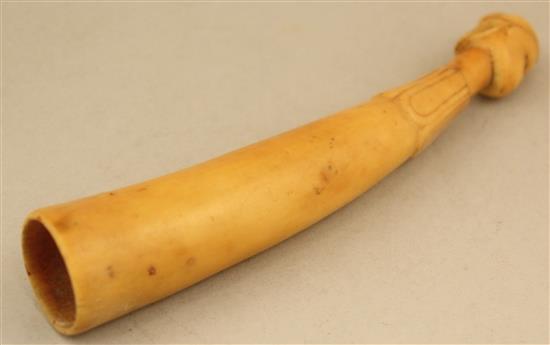 A 19th century African Chokwe ivory fly whisk handle, 8.25in.